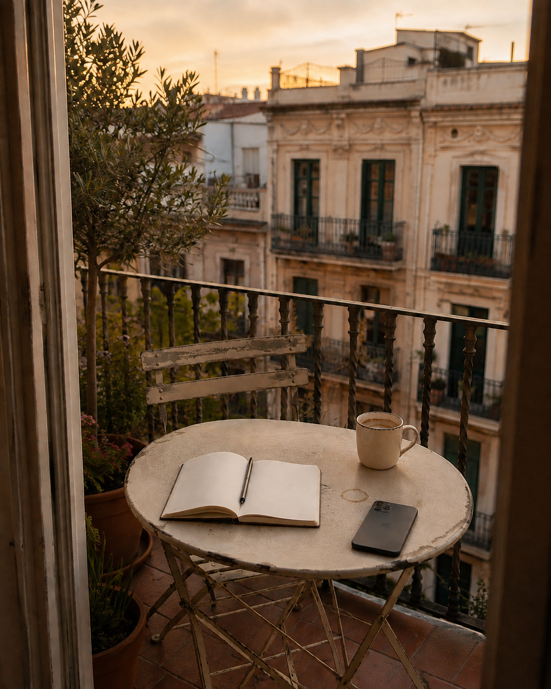An open blank notebook, pen, coffee cup and unbranded dark phone rest on a worn Gràcia balcony table in warm evening light.
